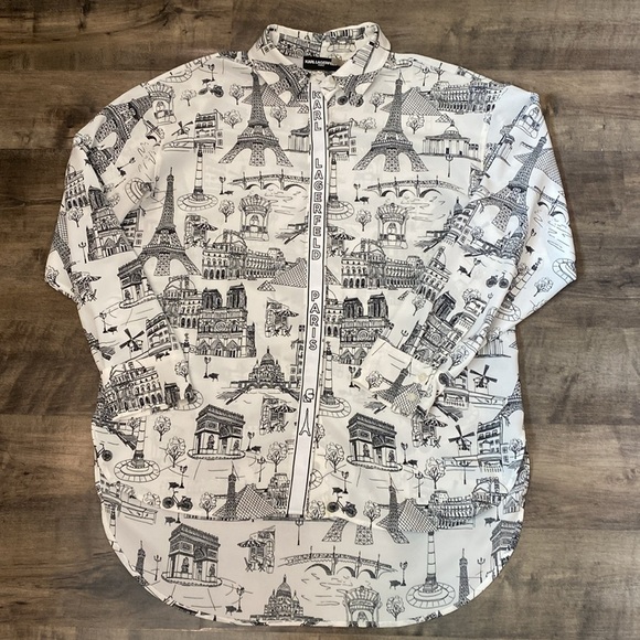 Karl Lagerfeld Parisian Cityscape Icon Graphic Button Down Blouse - Picture 4 of 8